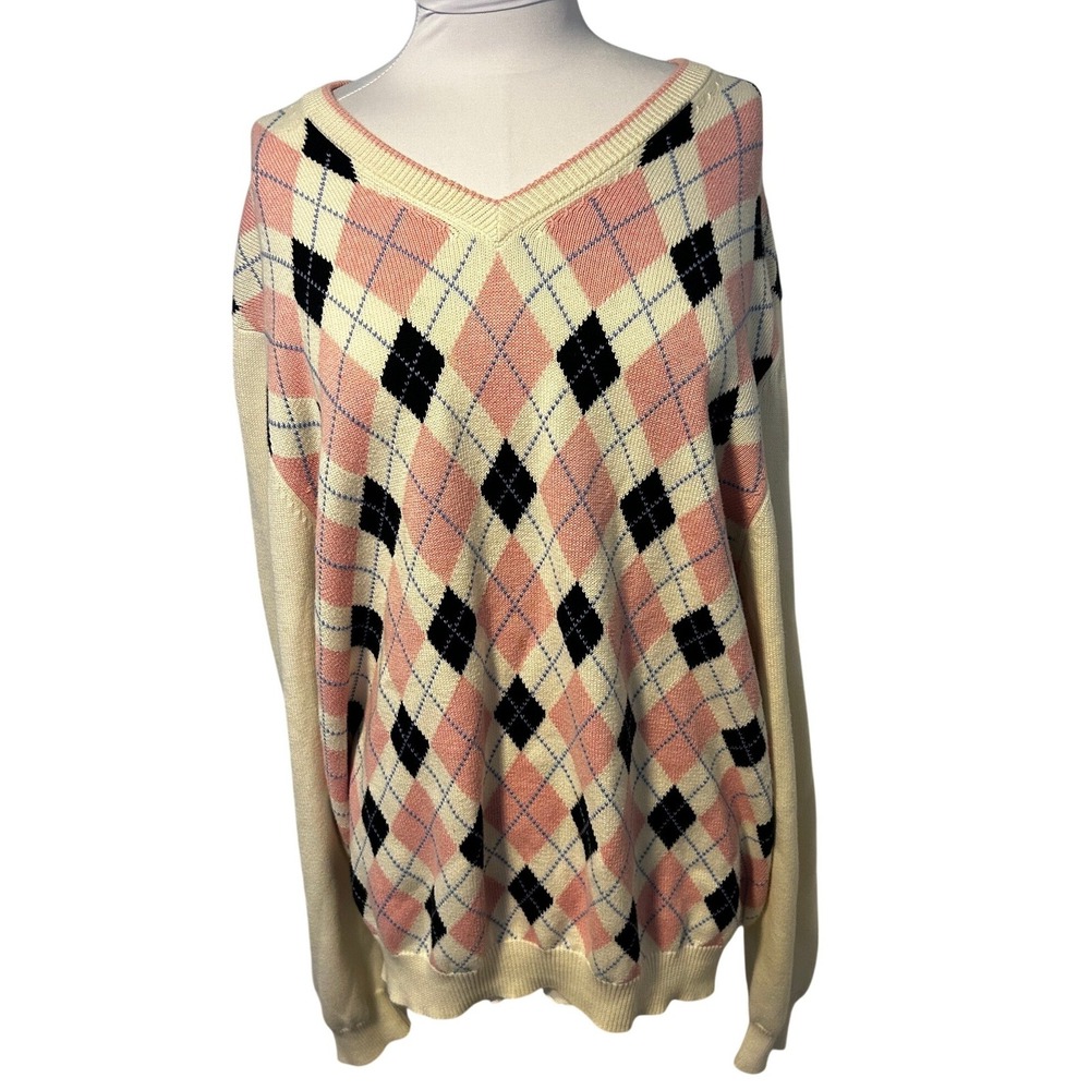 Brooks Brothers Country Club Pink Argyle V-Neck Cotton Sweater XXL Mens Cream
